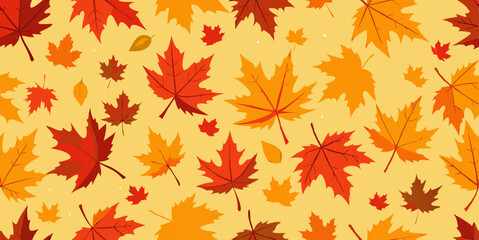 Obraz premium Vector autumn maple leaf seamless pattern with scattered golden, orange, and red leaves for seasonal backgrounds
