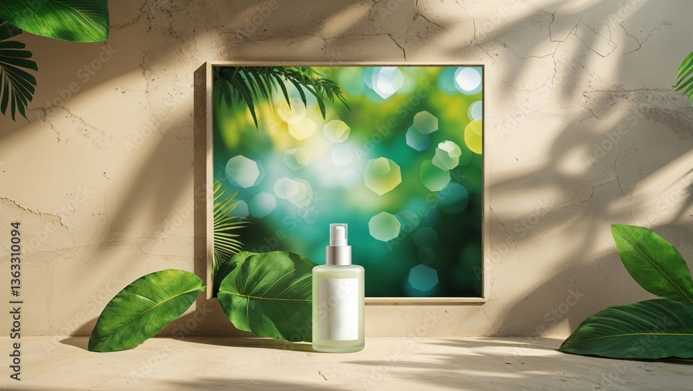 Poster decorative display featuring a skincare product in a serene tropical setting with lush greenery and 