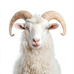 Fototapeta premium Long haired Angora goat with curly white fur and drooping ears isolated on a white background 