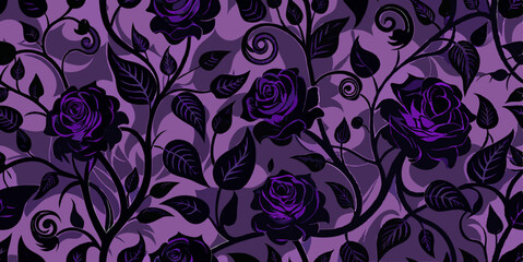 Vector gothic floral seamless pattern with black roses, swirling vines, and dark purple leaves for eerie botanical designs