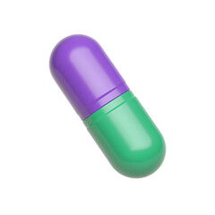 Vibrant purple and green capsule impeccably glossy hovers elegantly on a pristine white backdrop