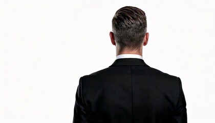Mysterious business person wearing a suit and facing away from the camera, isolated on white