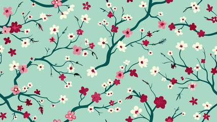 Vector cherry blossom seamless pattern with delicate sakura flowers and winding branches in a traditional Japanese style