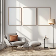 Modern living room with armchair, ottoman, floor lamp, and three empty frames on white wall.