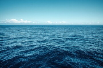 Fototapeta premium Vast ocean scene under a clear blue sky. The tranquil water stretches to the horizon, offering a serene and peaceful view.