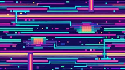 Fototapeta premium Glitch art seamless vector pattern with pixelated digital distortions and RGB shift effects for modern tech designs.