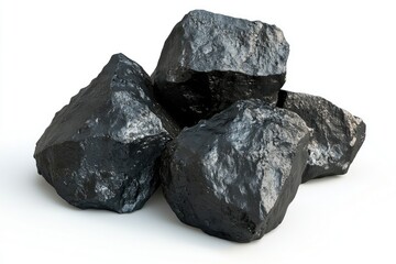 Obraz premium Heap of Black Coal Rocks Isolated on White Background Closeup