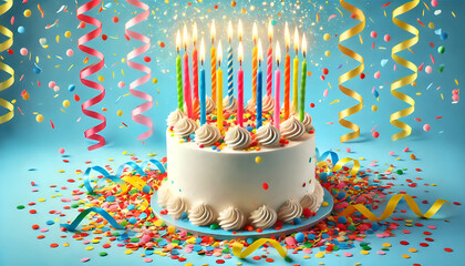 A colorful birthday cake with lit candles, surrounded by confetti, set against a bright sky blue background for a festive celebration.