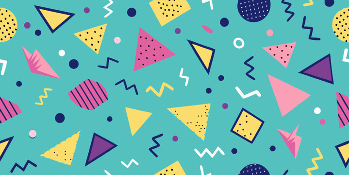 Memphis-style seamless pattern vector with geometric shapes, abstract squiggles, and playful 80s-inspired retro design elements