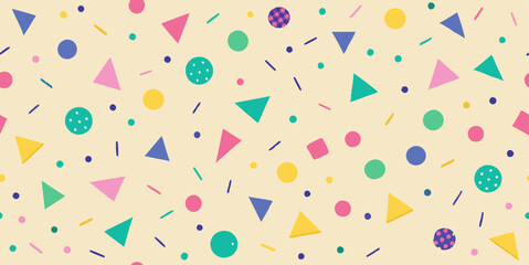 Colorful confetti seamless vector pattern with small circles, triangles, and sprinkles scattered on a bright background for party and celebration designs.