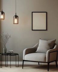 Modern living room with armchair, pendant lights, and artwork.