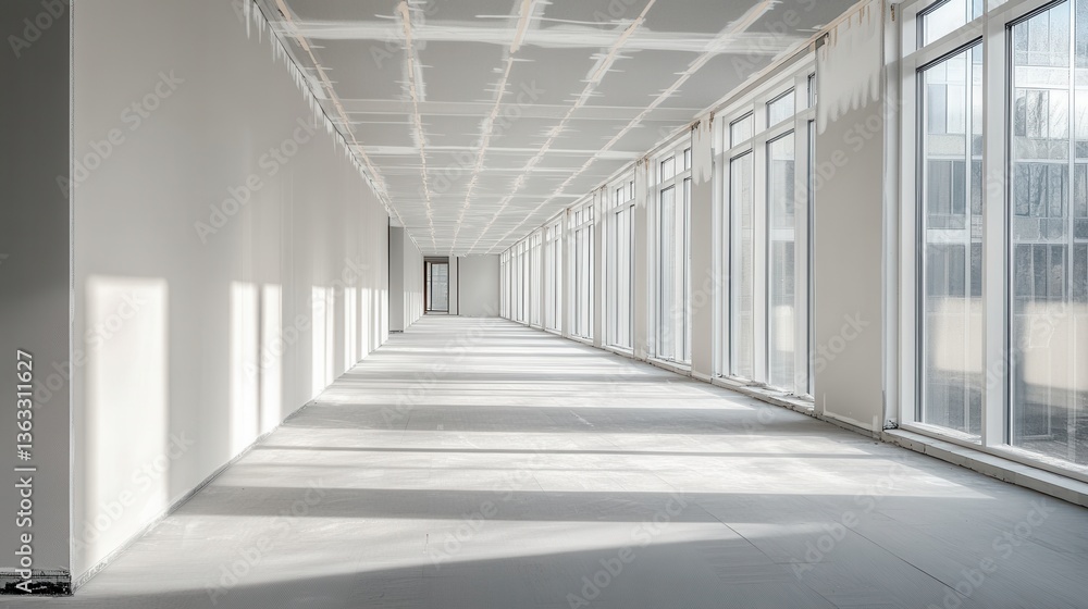 Poster bright empty office space with large windows and sunlight casting shadows on the floor of a modern b