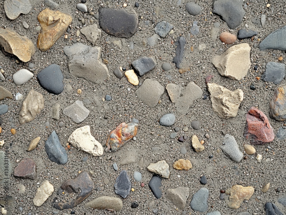 Poster serene riverbed landscape with assorted rocks and pebbles creating a natural mosaic pattern on sand 