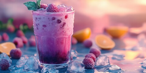 Refreshing raspberry drink with ice and lemon slices captured during sunset