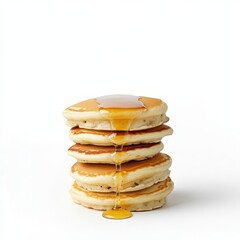 Elegant A towering stack of fluffy buttermilk pancakes with maple syrup dripping down the sides isolated on a white background 
