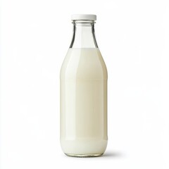 Glass bottle of fresh organic milk with a simple white cap isolated on a white background 