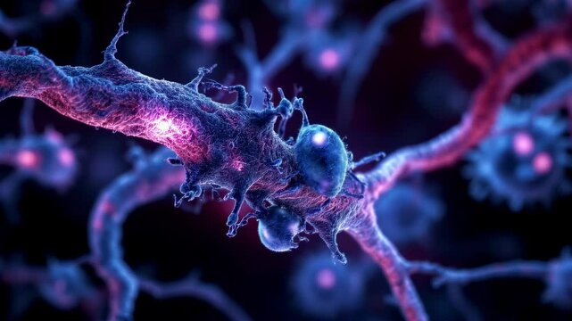 Herpes simplex virus attacking the nerve cells. Microscopic view of a nerve fiber with jagged, dark blue herpes simplex viruses latching onto a neuron.