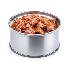 Open can of wet dog food with a meaty texture and rich gravy isolated on a white background 