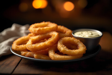 A plate of fried onion rings with a dipping sauce