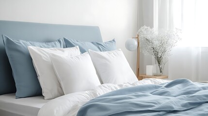 A modern bedroom offers a comfortable luxury interior with clean bedding and plush pillows