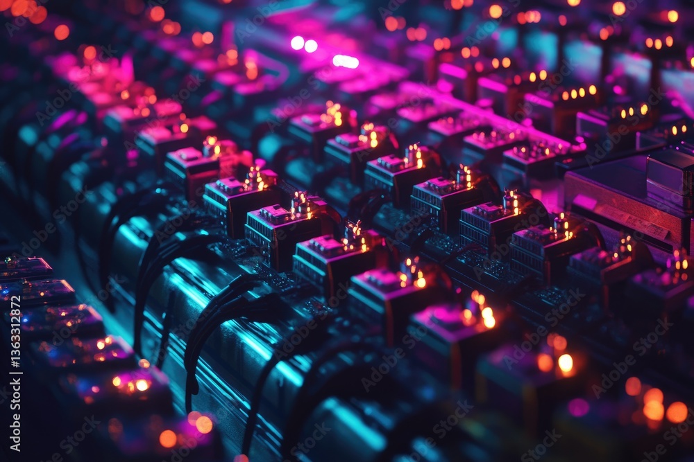 Poster illuminated cryptocurrency mining farm with rows of hardware and neon lights