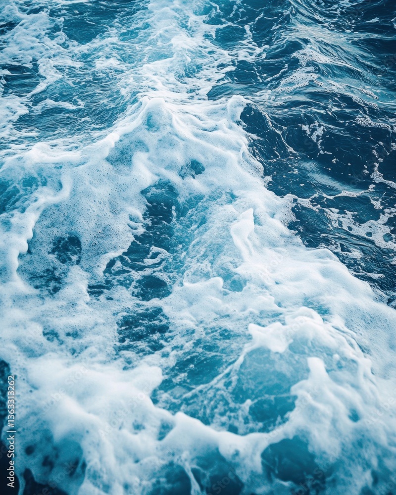 Poster Captivating view of turquoise ocean water with white foam creating dynamic patterns and textures from above angle