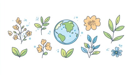 Earth Day illustration flowers, leaves, and globe.  Use website, social media, print