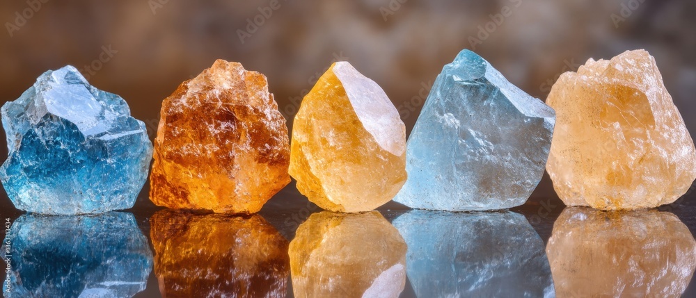 Poster row of colorful mineral specimens displayed on reflective surface in studio setting with warm lighti