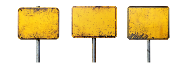 Blank old yellow road sign isolated on transparent background