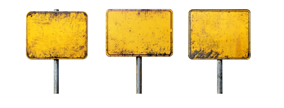 Blank old yellow road sign isolated on transparent background - Powered by Adobe