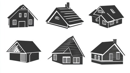 Fototapeta premium Six house design icons; various styles, white background; real estate illustration