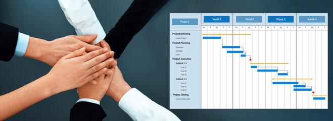 This image illustrates collaborative teamwork in project management, showcasing hands coming together with a Gantt chart for task scheduling and execution. Amity