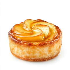 Small apple tart with delicate pastry layers and glossy caramelized apple slices on top isolated on a white background 