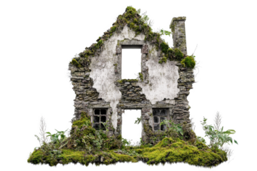 a moss covered house in the middle of a forest cutout and isolated on transparent background 