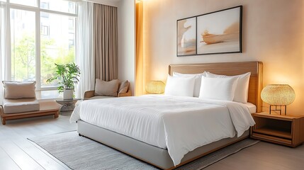 A luxury home interior combines modern living room furniture with a comfortable bedroom bed, featuring stylish decor, pillows, and a window lamp