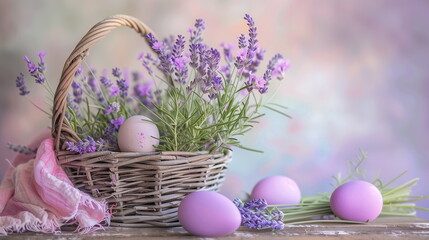 easter eggs in a basket with lavender