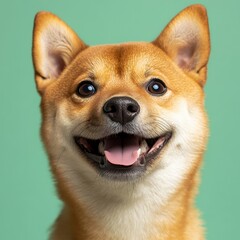 Adorable Shiba Inu Portrait with a Cheerful Expression Against a Mint Green Background Capturing Joyful Canine Companionship and Breed Specific Charm
