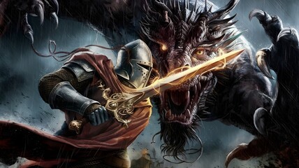 Knight in red cape and helmet battling fierce black dragon