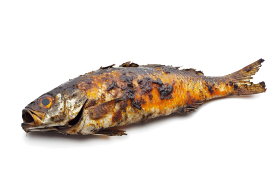 a dead fish on a white background cutout and isolated on transparent background 