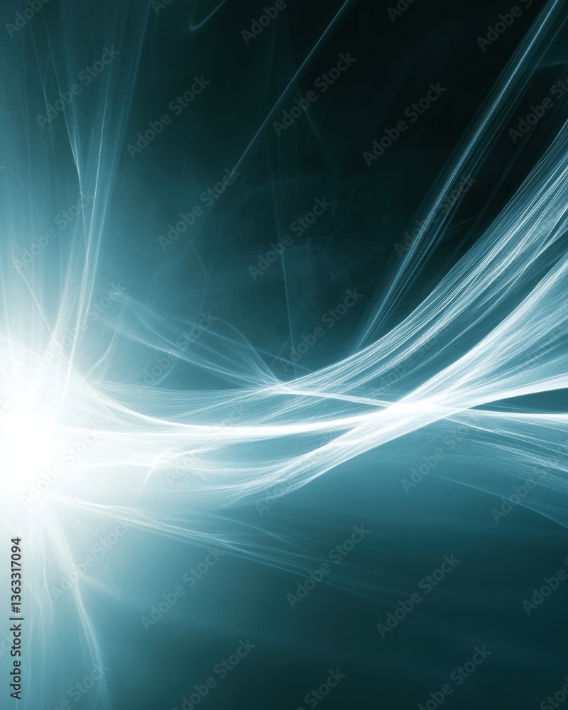 Poster abstract light streaks on teal background creating a sense of motion and energy for modern design