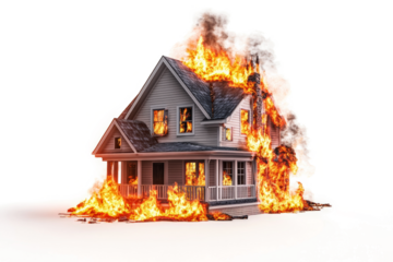 a house on fire cutout and isolated on transparent background 