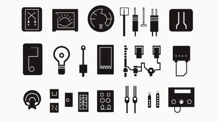 Electronics components icons; engineering, technology; white background; website design