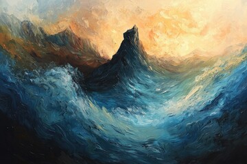 Obraz premium A majestic mountain peak rises from a turbulent sea under a dramatic, sunset sky.