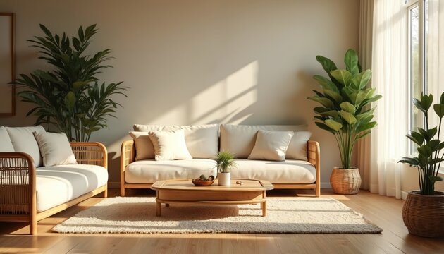 Cozy living room with sustainable bamboo furniture neutral tones creating nature-inspired space. Eco-friendly decor, large potted plants, sunlit room. Modern home interior design embodies minimalist