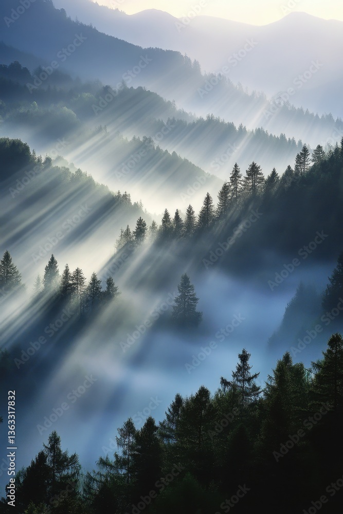 Poster ethereal sunlight streaming through misty forest landscape capturing serenity and depth with a high 