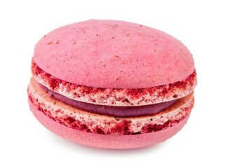 Pink Macaroon isolated on a white background. Pink strawberry macaroon isolated on white background. French cookie. Raspberry purple cake in a front view. 