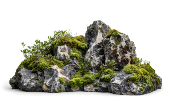 a rock with moss growing on it cutout and isolated on transparent background 
