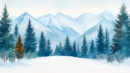 Fototapeta premium Watercolor Winter Mountainscape Blue Hues, Pine Forest, Snowy Scene, Winter Wonderland, Landscape Painting Winter, Watercolor