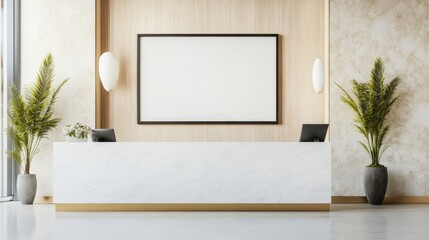 Modern Marble Reception Desk with Blank Canvas Mockup, Minimalist Interior Design, Reception Area Reception Desk, Mockup