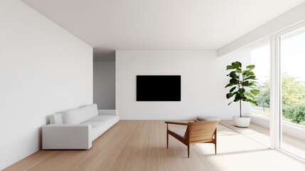 Fototapeta premium Minimalist Living Room Composition Light Sofa, Wooden Chair, Black Artwork, Modern Interior Design, Light Wood Floor Minimalist, Interior Design